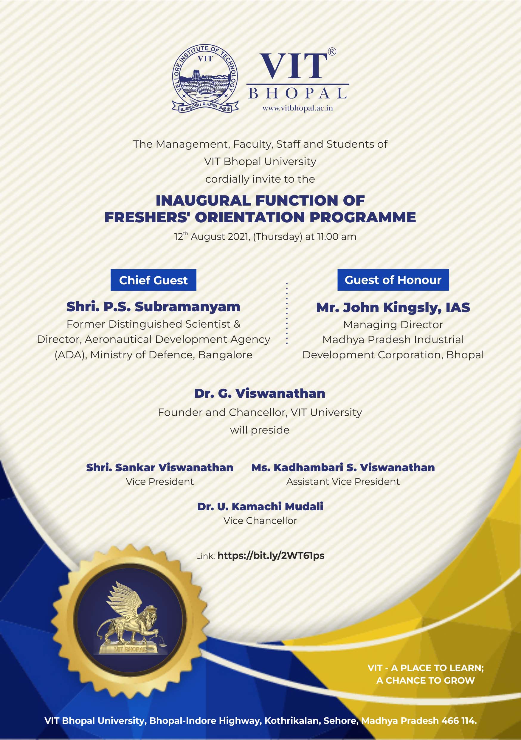 VIT Bhopal  - Best University in Central India -  Invitation_Fresher_Orientation_2021