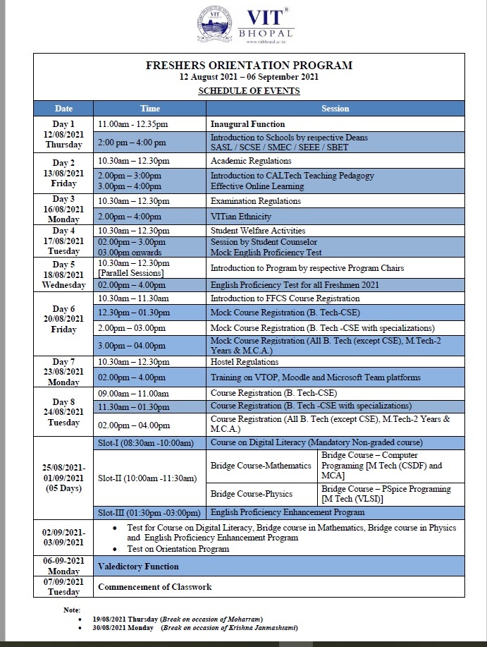 VIT Bhopal Freshers Orientation Programme 2021