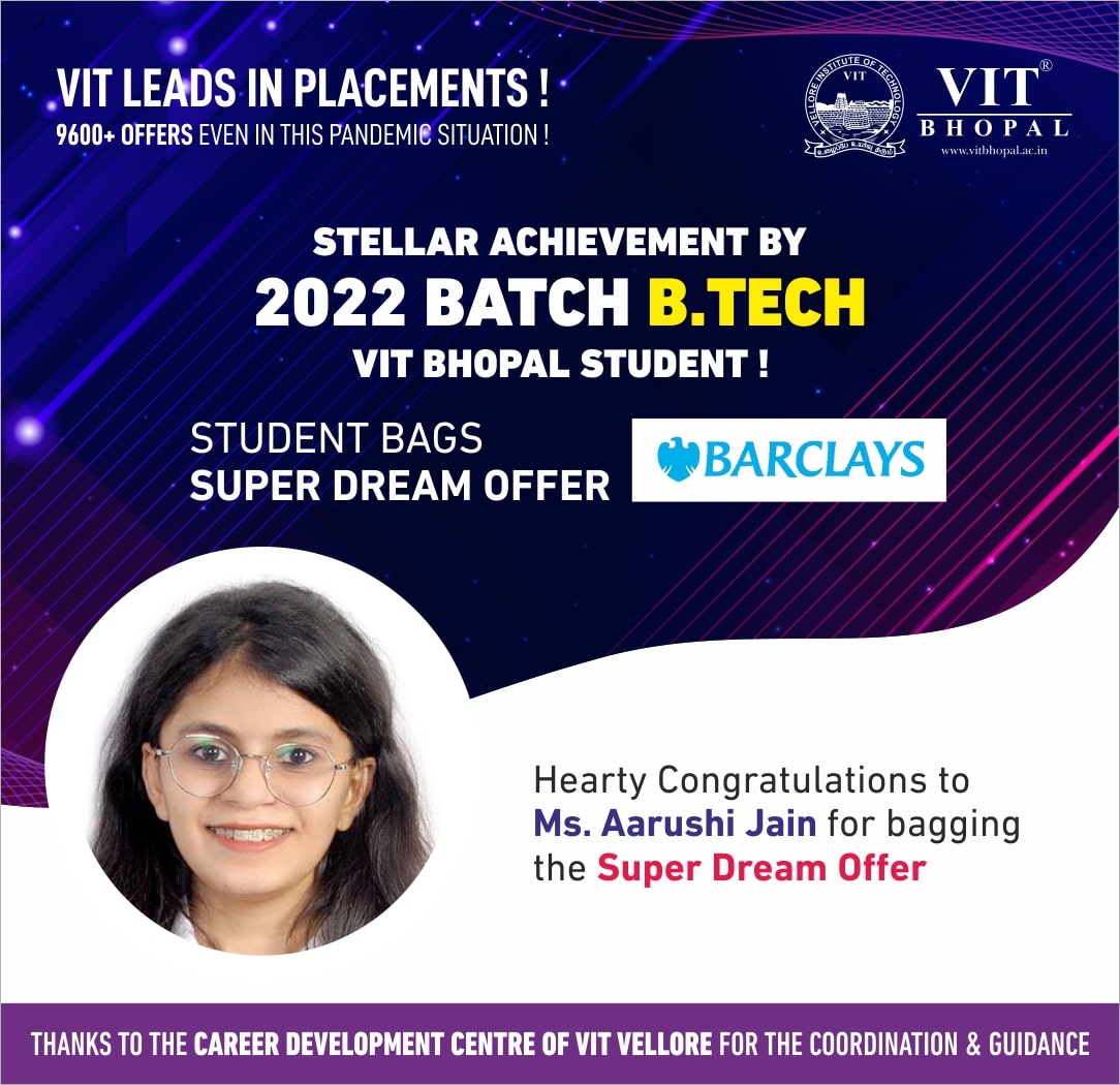 VIT Bhopal  - Best University in Central India -  Placement-Aarushi-Jain-min-1