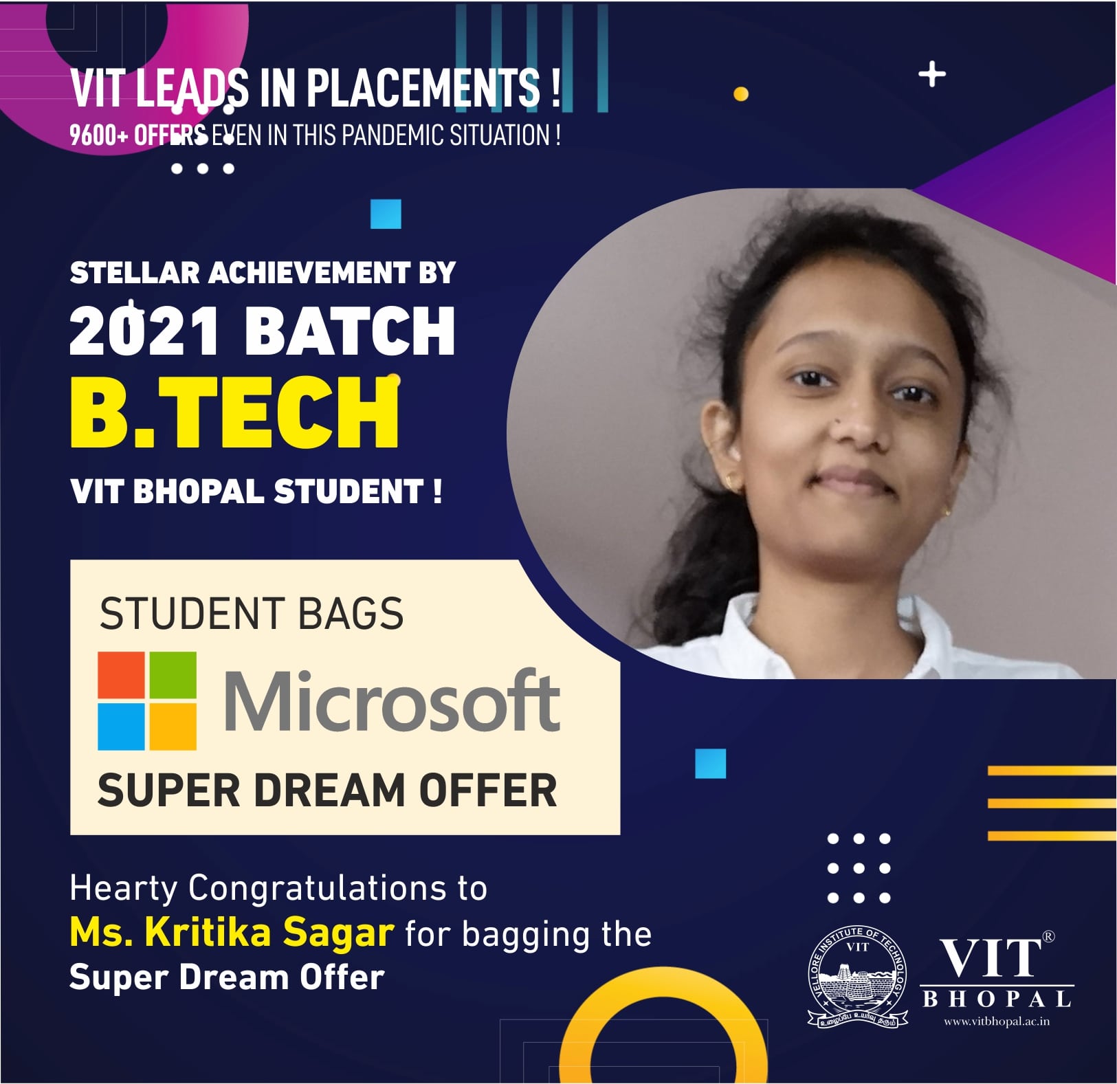 VIT Bhopal  - Best University in Central India -  Placement-Krithiga-min