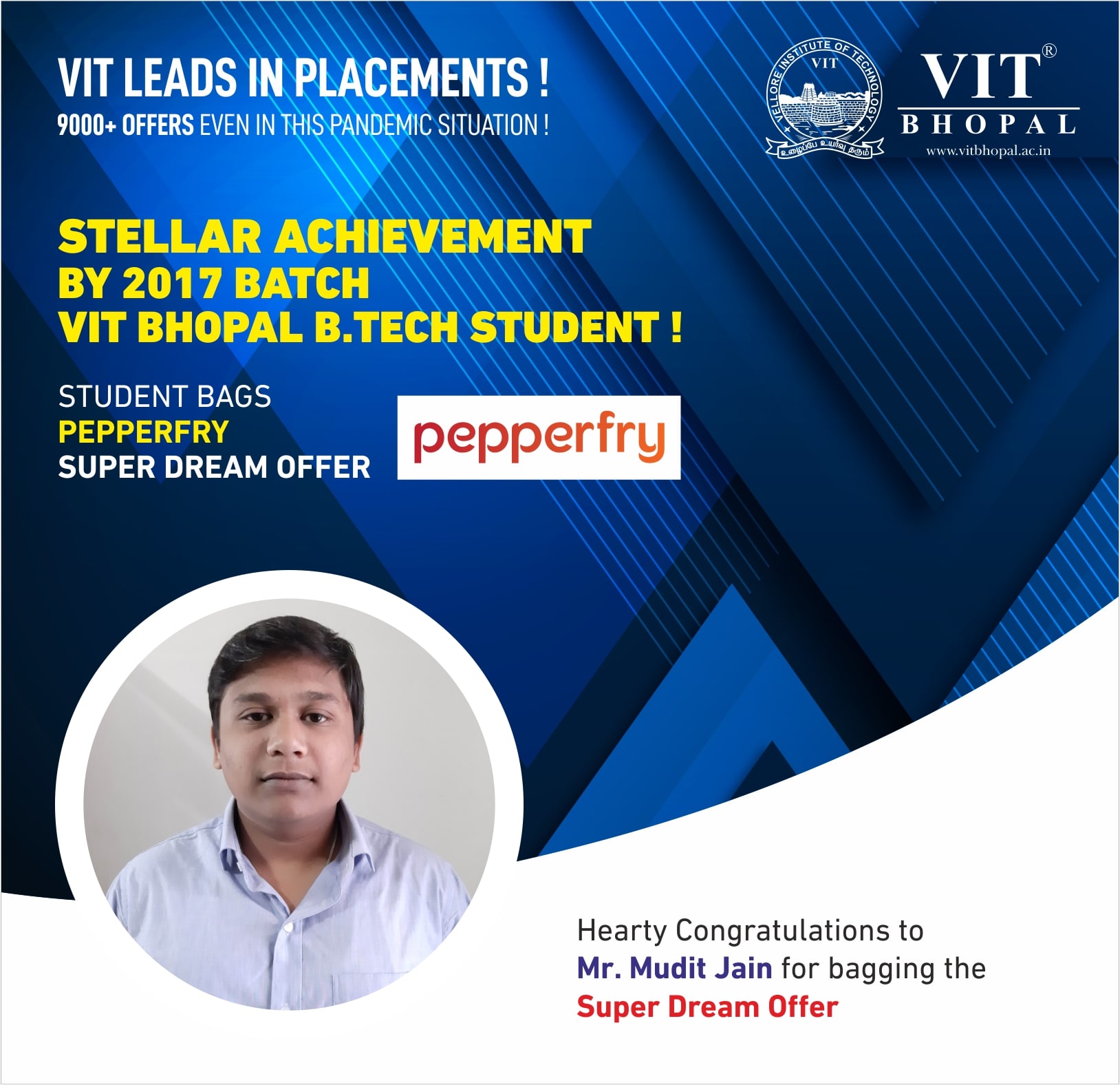 VIT Bhopal  - Best University in Central India -  Placement-Mudit-Jain-min