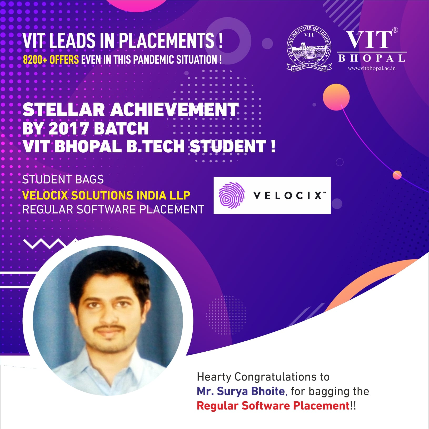 VIT Bhopal  - Best University in Central India -  Placement-Surya-Bhoite-min