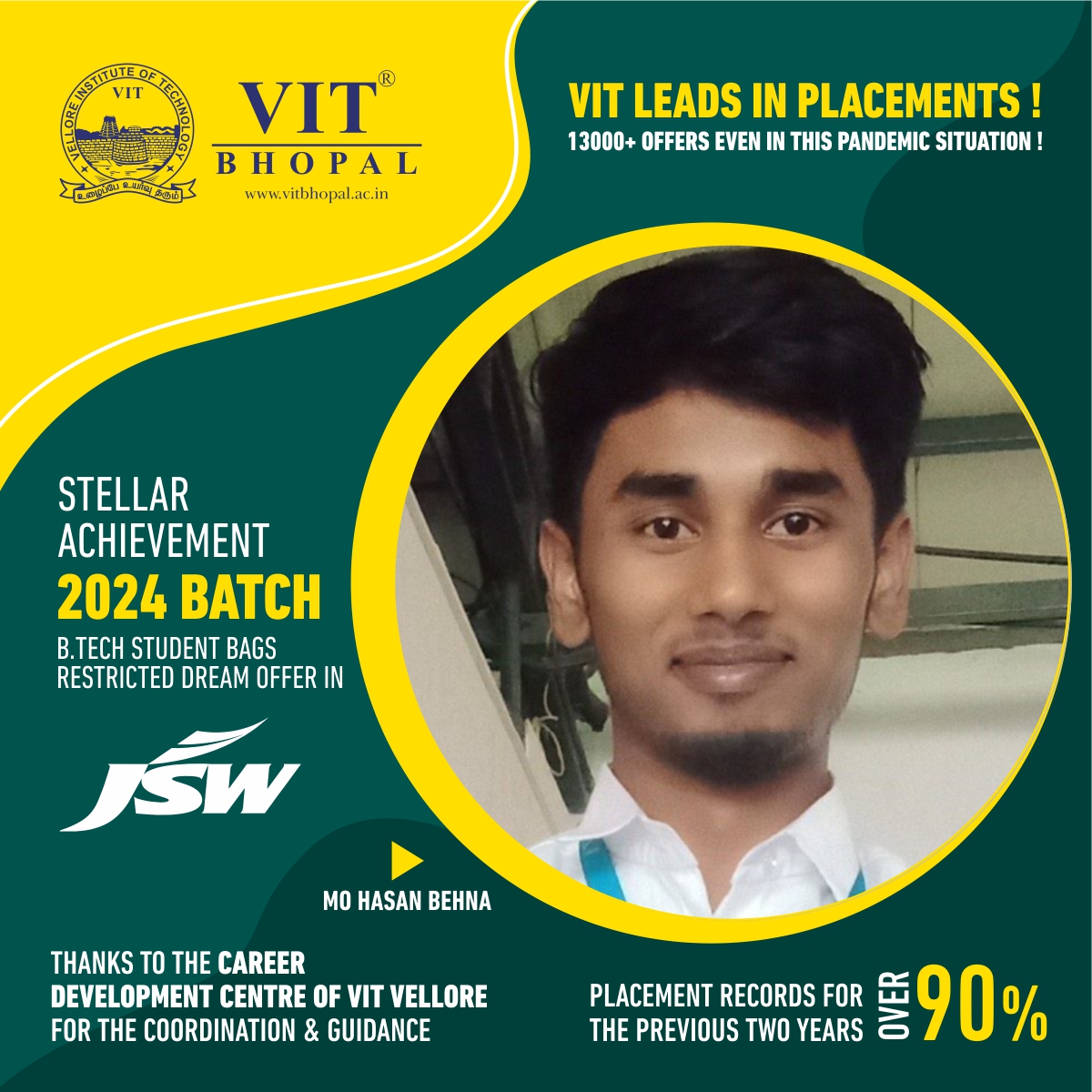 VIT Bhopal  - Best University in Central India -  D_MO-Hasan-Behna-Placement-Post