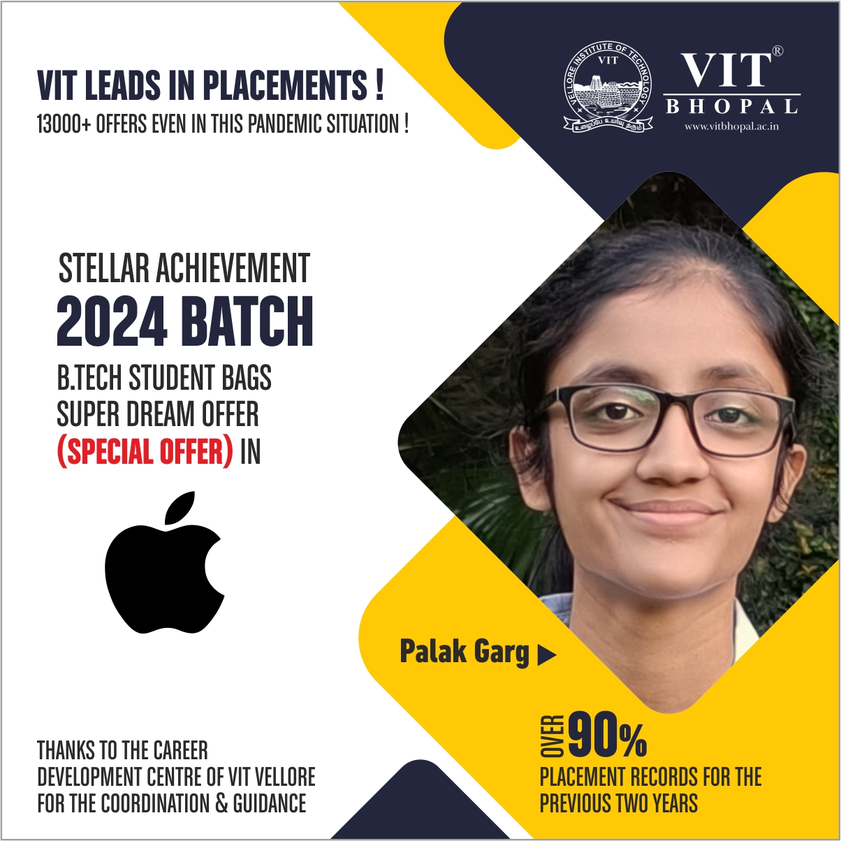 VIT Bhopal  - Best University in Central India -  SD_Palak-Garg-Placement-post